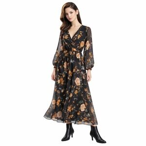 Indigo Rose Black Floral‎ Chiffon Maxi Dress M Gothic Romantic 55" Long